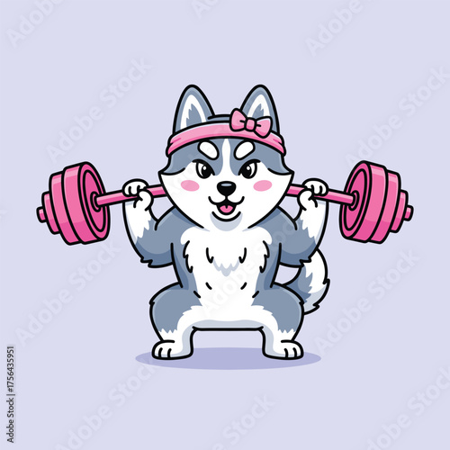 Cute cartoon husky dog doing squats with a pink barbell in a fitness workout vector illustration