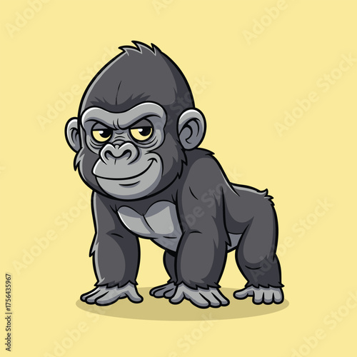 Adorable cartoon baby gorilla with playful expression and big eyes on a soft yellow background vector illustration
