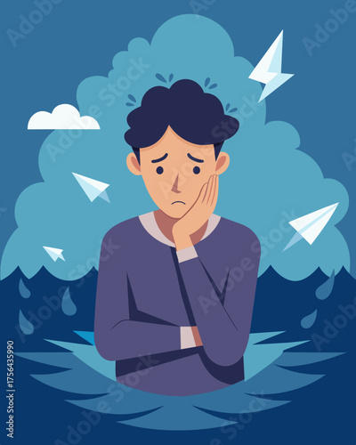 A teenager drowning in a sea of hurtful comments their selfesteem shattered and their confidence crushed.. Vector illustration