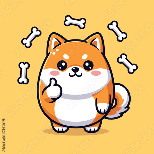 Adorable shiba inu dog giving thumbs up surrounded by floating dog bones vector illustration