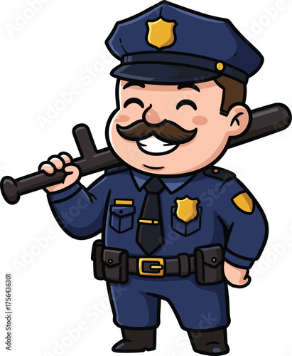 Chubby cartoon police officer with a big mustache holding a baton happily vector illustration