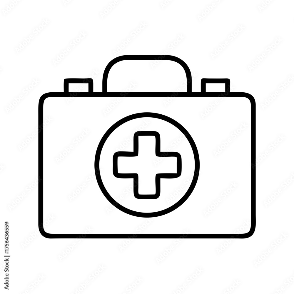 Fototapeta premium Vector art of outline icon of a doctors bag featuring a prominent cross symbol within a circle, presented on a clean