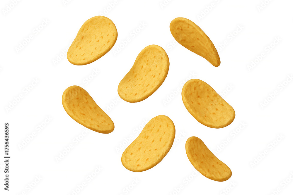 Obraz premium Potato chips falling, golden crispy snack food flying, salty appetizer, unhealthy junk food, transparent background