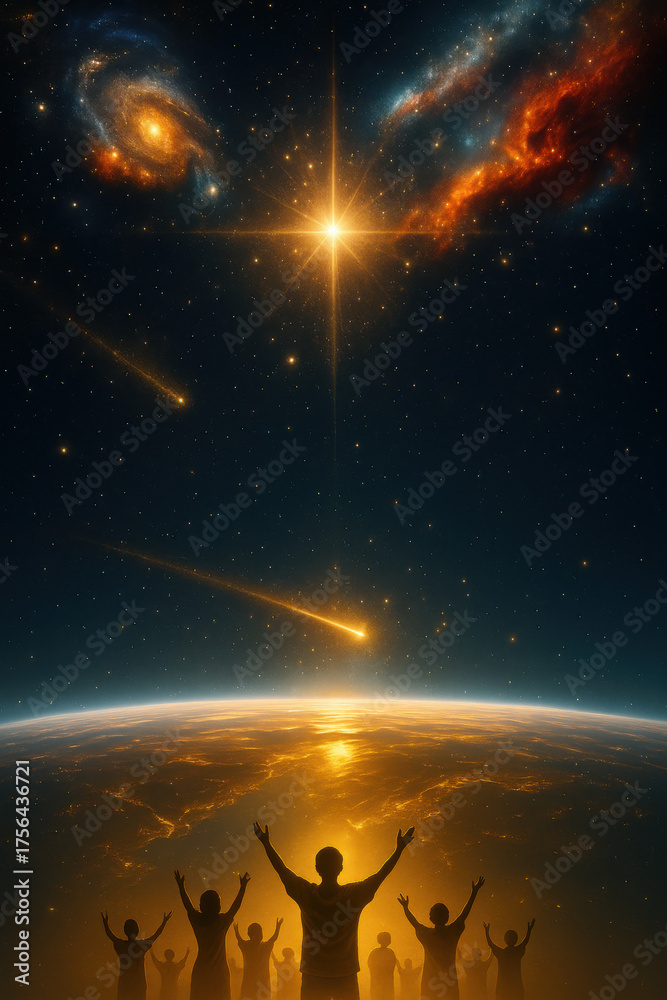 Naklejka premium People witnessing a radiant heavenly sign above the earth with glowing stars galaxies and falling lights expressing wonder faith hope unity and the miracle of the heavens over humanity
