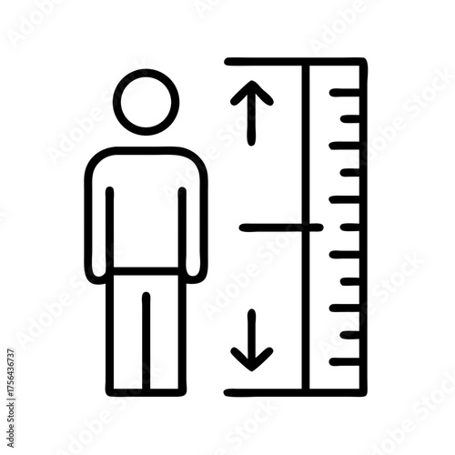Vector art of simple line icon of a person standing next to a ruler with arrows indicating measurement