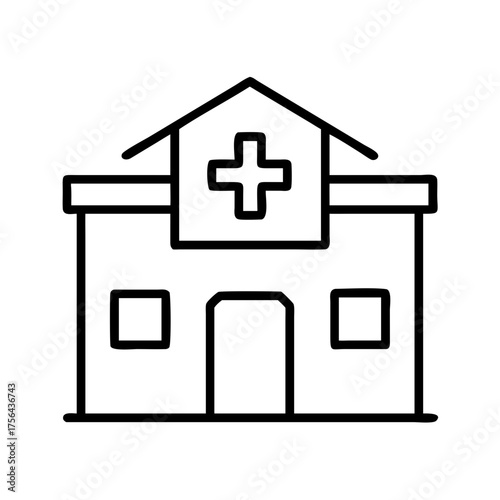 Vector art of simple line art icon of a hospital building with a cross symbol on top, isolated on a, representing healthcare and medical services