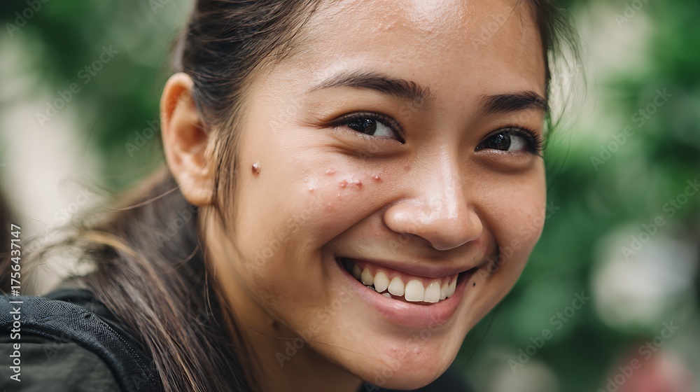 Fototapeta premium Close-up of smiling woman with natural skin, pimples and healthy glow. Embracing acne with positivity and confidence. Real skin beauty and empowerment