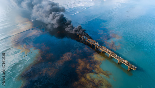 Crude oil spill from underwater pipe causes toxic pollution and black smoke harming environment and marine life with severe damage
