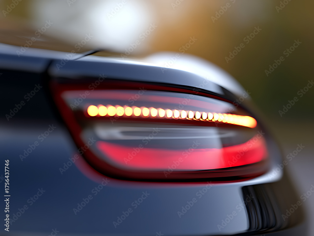 Obraz premium Close-up of a car's taillight, featuring a sleek design with a row of bright LED lights. The image has a shallow depth of field, focusing on the lights.