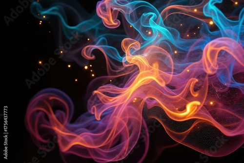 Vibrant swirling smoke clouds with glowing particles against a dark background