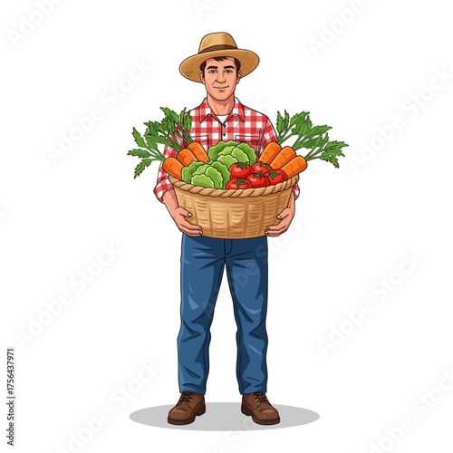 Farmer Holding Basket of Vegetables Vector