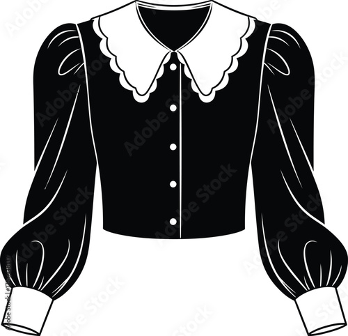 Elegant black blouse with a white peter pan collar and voluminous puffed sleeves on a white background