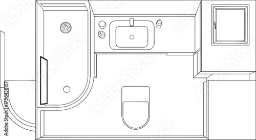 Small bathroom floor plan, architectural layout, plumbing fixtures, vector blueprint, CAD drawing, scalable flat artwork, interior design, shower, toilet