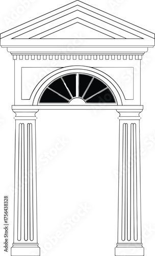 Classical entrance drawing, architectural portico design, fluted columns, pediment detail, fanlight window, vector blueprint, CAD sketch, scalable flat artwork