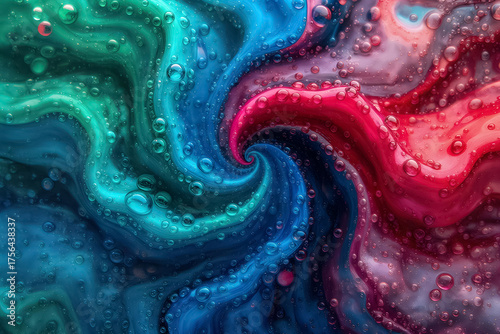 Liquid Kaleidoscope: A Macro Shot of Emerald, Sapphire, and Ruby Oils Swirling in Water with Bubbles, Creating a Chaotic Yet Serene Pattern