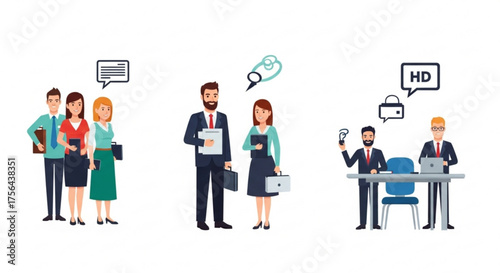 Diverse business team working together in various office scenarios and situations