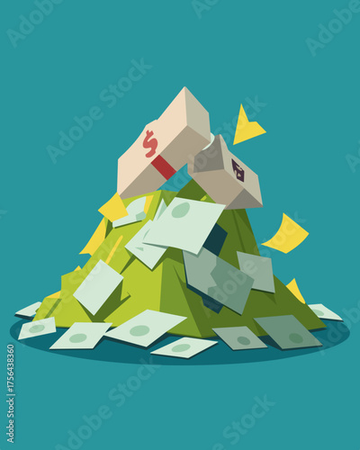 A photograph of a pile of torn and cled currency bills representing the devaluation of a countrys currency.. Vector illustration