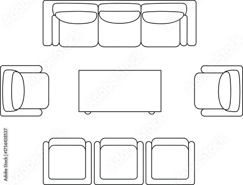 Living room furniture layout, top-down view, seating arrangement, interior design plan, vector blueprint, CAD drawing, flat scalable illustration