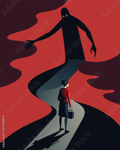 A shadowy figure looms over a person their hand p on their shoulder as they guide them down a dark and treacherous path.. Vector illustration