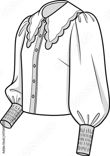 Fashion illustration of a white blouse with a large scalloped collar and voluminous puffed sleeves