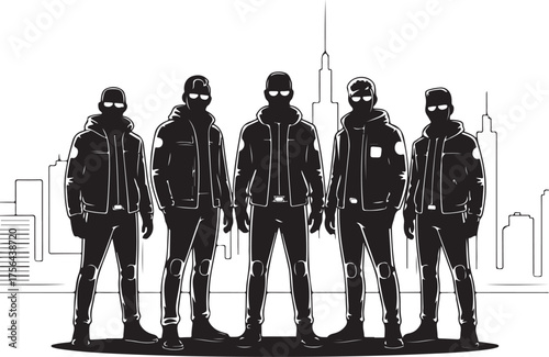 Five masked figures in hoodies stand before city skyline 1