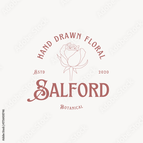 Elegant hand-drawn floral logo template with rose, perfect for botanical brands, beauty products, and wedding invitations, adding a touch of sophistication
