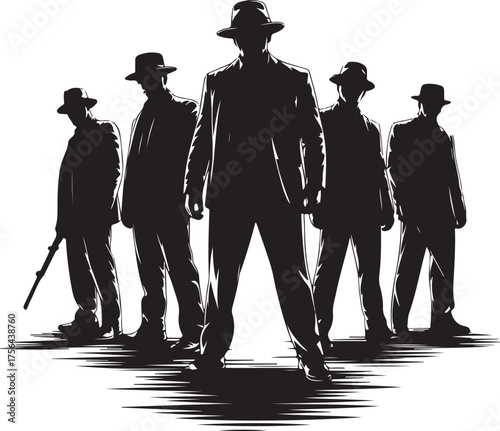 Five men in fedoras and suits in silhouette group fedora hats