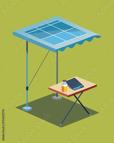 A rugged metal table with solar panels attached to its canopy allowing campers to charge their devices while enjoying the great outdoors.. Vector illustration