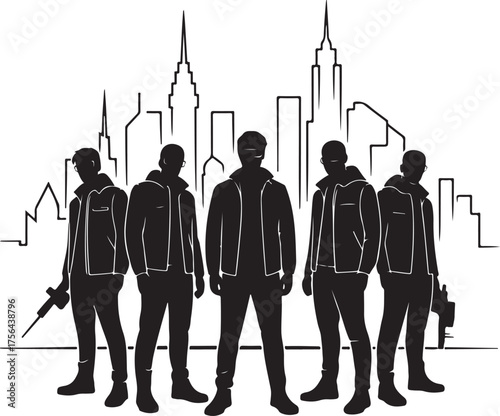 Five men in silhouette holding firearms against city skyline