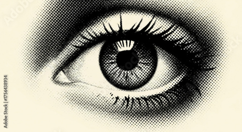 Close up of a human eye in a halftone pattern with detailed eyelashes and iris