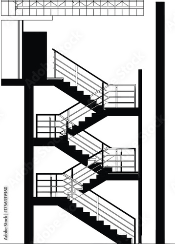 Multi-story staircase section, architectural drawing, vertical cut, CAD sketch, structural layout, vector blueprint, scalable artwork, stairwell design, elevation view