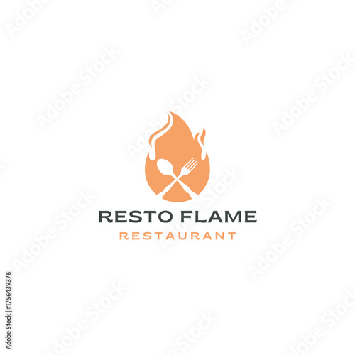 Ignite your brand with this modern restaurant logo featuring a vibrant flame, spoon, and fork design, perfect for a sizzling culinary experience