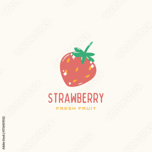 Bright and cheerful strawberry logo for a fresh juice bar or organic food brand, radiating healthy eating and natural sweetness with a modern, playful vibe