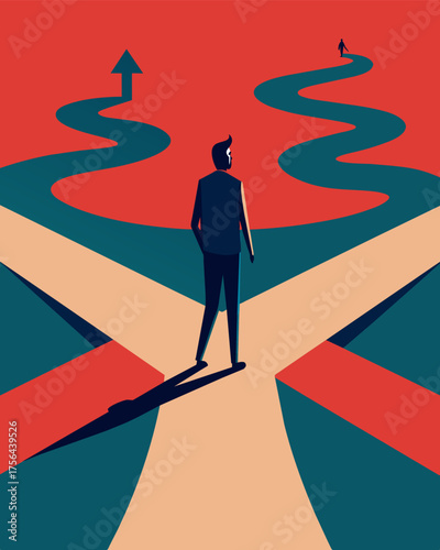 A person standing on a crossroad torn between two conflicting paths representing the struggle to make a decision in the face of conflicting thoughts.. Vector illustration