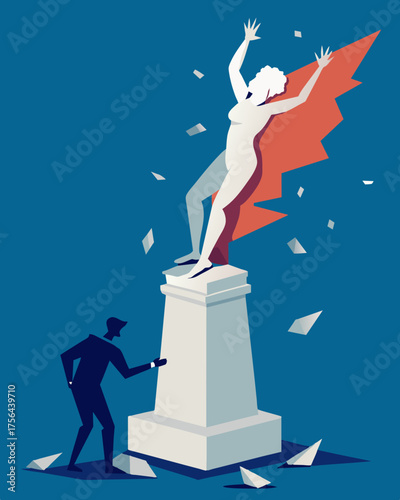 A sculpture showing a person with their hand reaching up to a shattered pedestal representing the devaluation of their once highlyregarded position.. Vector illustration