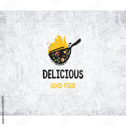 Enticing culinary logo for vibrant restaurant marketing, featuring delicious food in a sizzling pan, evoking warmth and appetite appeal for your brand