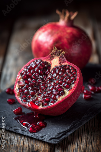 Sliced Red Pomegranate on Slate Plate