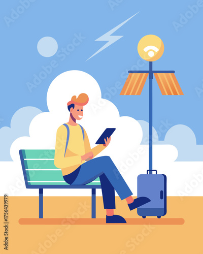 A solo traveler takes advantage of the amenities on a solarpowered bench at a train station charging their phone and connecting to WiFi to research their next destination.. Vector illustration