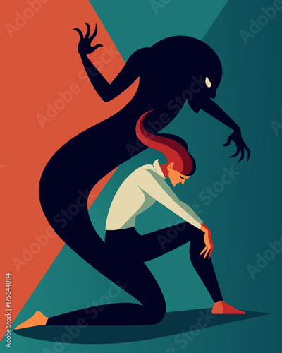 A person is engulfed by a large ominous shadow their body contorting in unnatural ways as they are forced to comply with its will.. Vector illustration