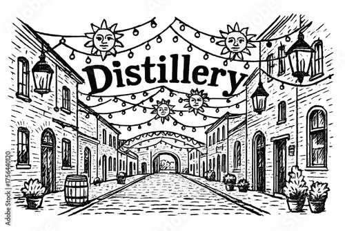 Distillery District Scene. Hand-drawn distillery district with lanterns, suns, and streets, center word “Distillery” in black and
