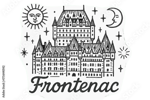 Frontenac Celestial Illustration. Hand-drawn château frontenac with moons, suns, and sparkles, center word “Frontenac” in black