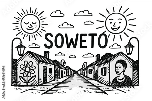 Soweto Street Art. Hand-drawn soweto street with suns, murals, and lanterns, center word “Soweto” in black and white isolated