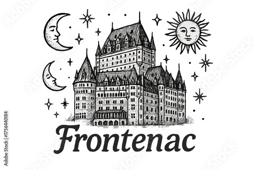 Frontenac Celestial Illustration. Hand-drawn château frontenac with moons, suns, and sparkles, center word “Frontenac” in black