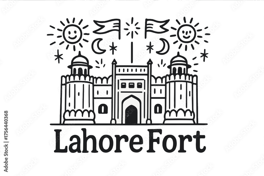 Obraz premium Lahore Fort Sketch. Hand-drawn lahore fort with moons, suns, and banners, center word “LahoreFort” in black and white isolated