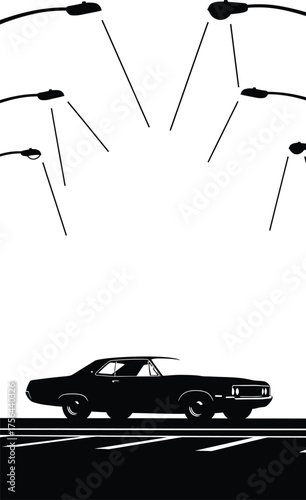 A classic muscle car under streetlights in a stylized black and white illustration isolated on white background