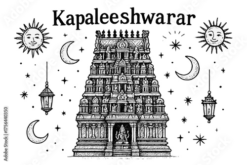 Kapaleeshwarar Temple Artwork. Hand-drawn kapaleeshwarar temple with moons, suns, and lanterns, center word “Kapaleeshwarar” in