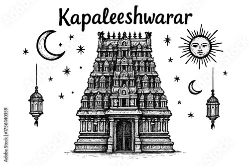 Kapaleeshwarar Temple Artwork. Hand-drawn kapaleeshwarar temple with moons, suns, and lanterns, center word “Kapaleeshwarar” in