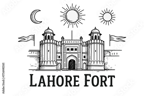Lahore Fort Sketch. Hand-drawn lahore fort with moons, suns, and banners, center word “LahoreFort” in black and white isolated