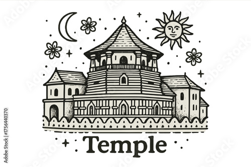 Temple with Celestial Symbols. Hand-drawn sri dalada maligawa temple with moons, suns, and flowers, center word “Temple” in black