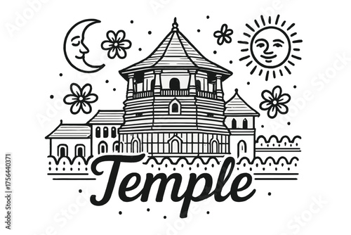 Temple with Celestial Symbols. Hand-drawn sri dalada maligawa temple with moons, suns, and flowers, center word “Temple” in black